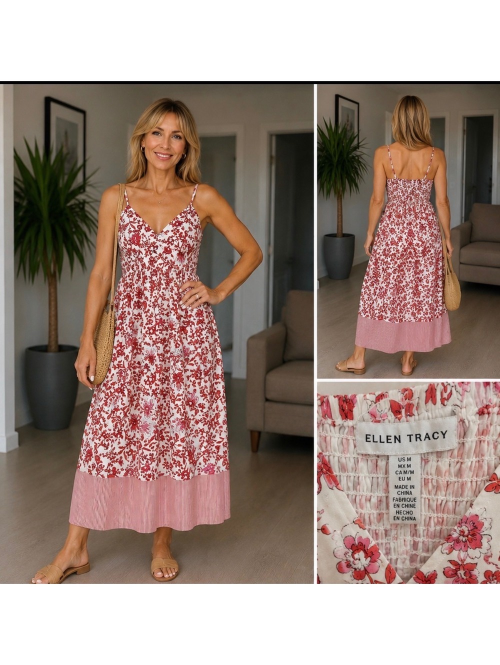 Ellen Tracy Floral Midi Dress Size M NWT Red White Pink